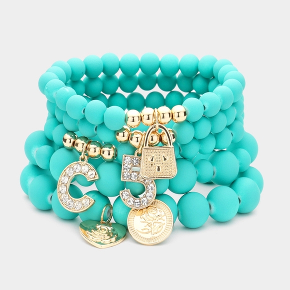 iFashionBox Jewelry - Green & Crystal Gold Lock Beaded Stretch Bracelet Cute Fashion Statement Jewelry